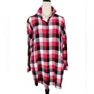 All Hours Women’s long Plaid Flannel LARGE Shacket Shirt 100% Cotton Made in USA